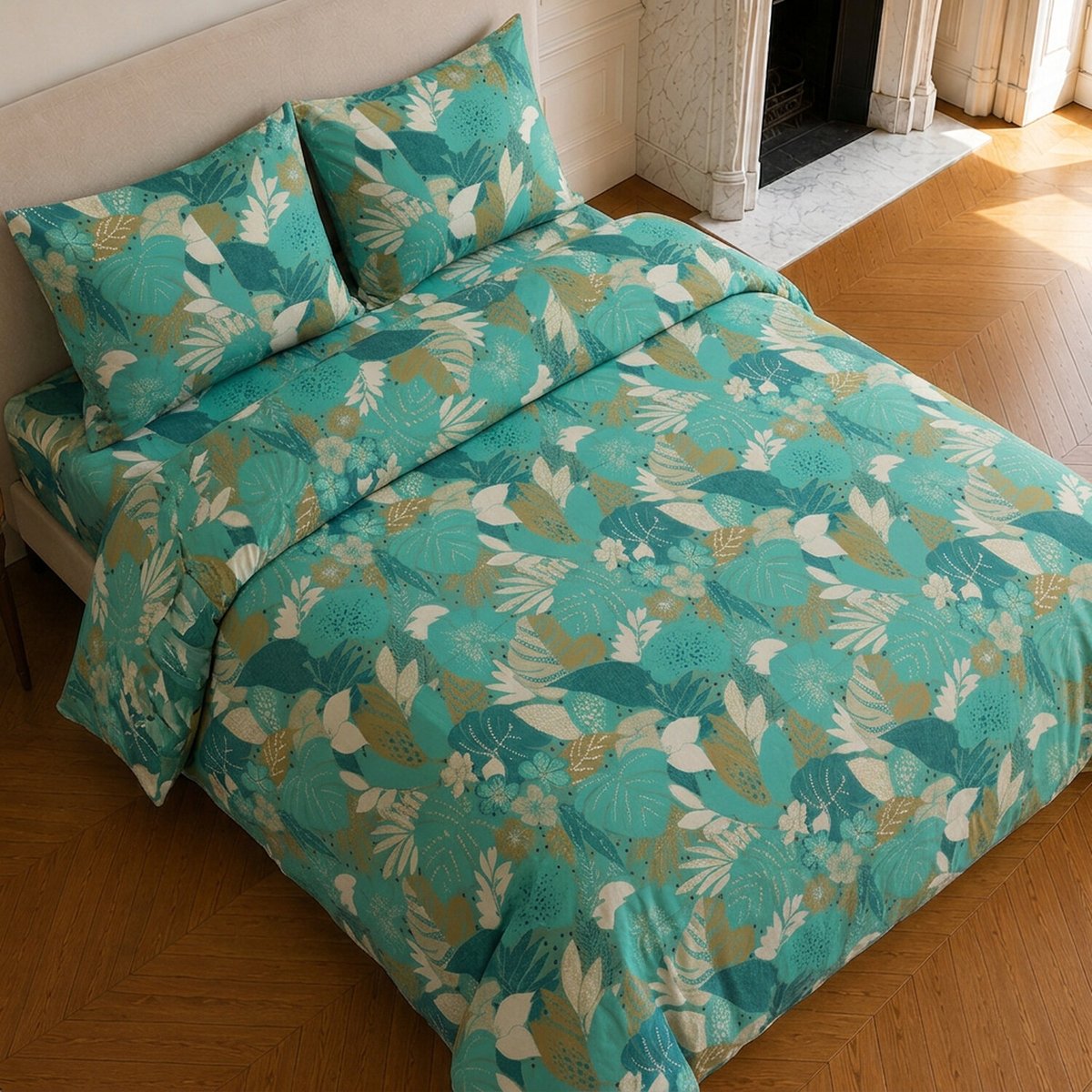 Parure de lit en microfibre motif tropical, IVY vert sauge, C DESIGN HOME TEXTILE