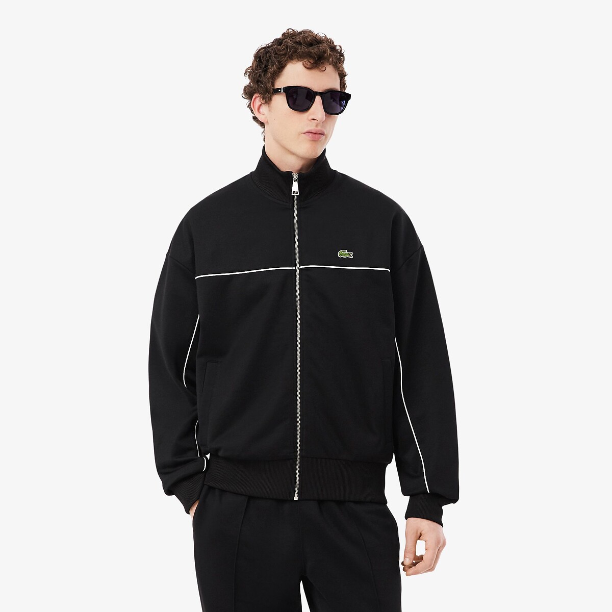 Sweatshirt zippé Piqué liserés noir-031, LACOSTE