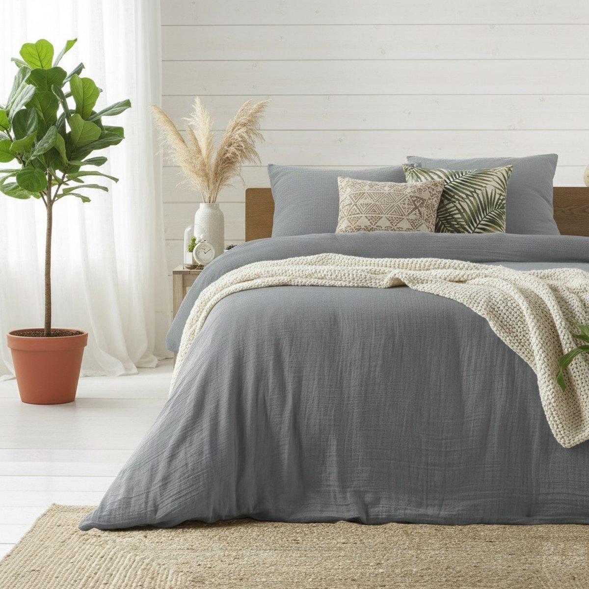 Parure de lit Gaze de coton tendance blanc gris, EDEN