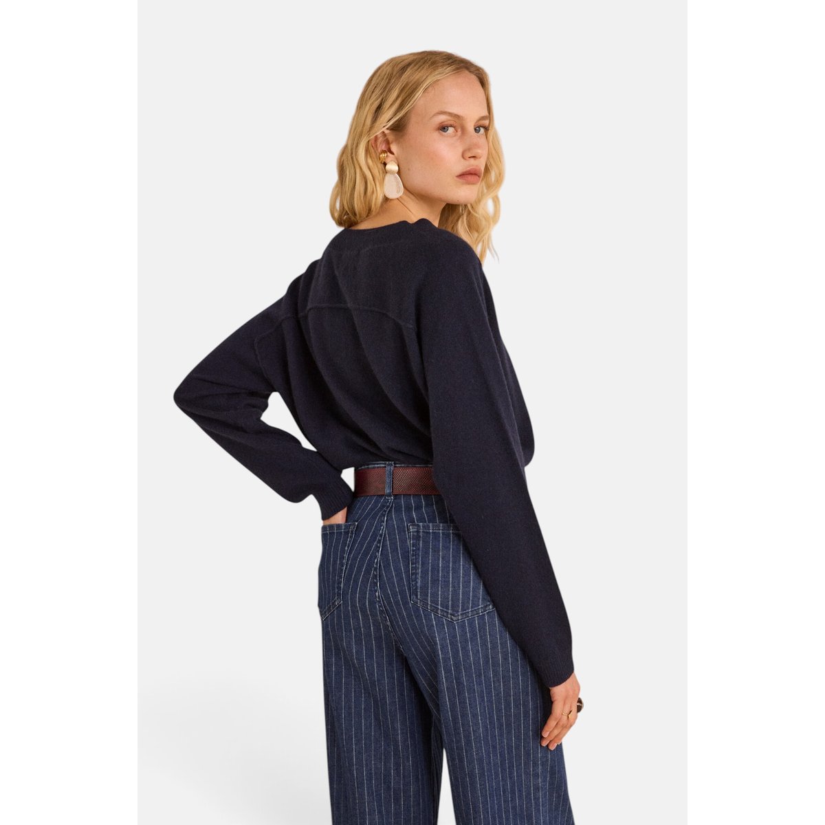 Pull col V en 100% cachemire 2 fils BARY marine, Maison 123