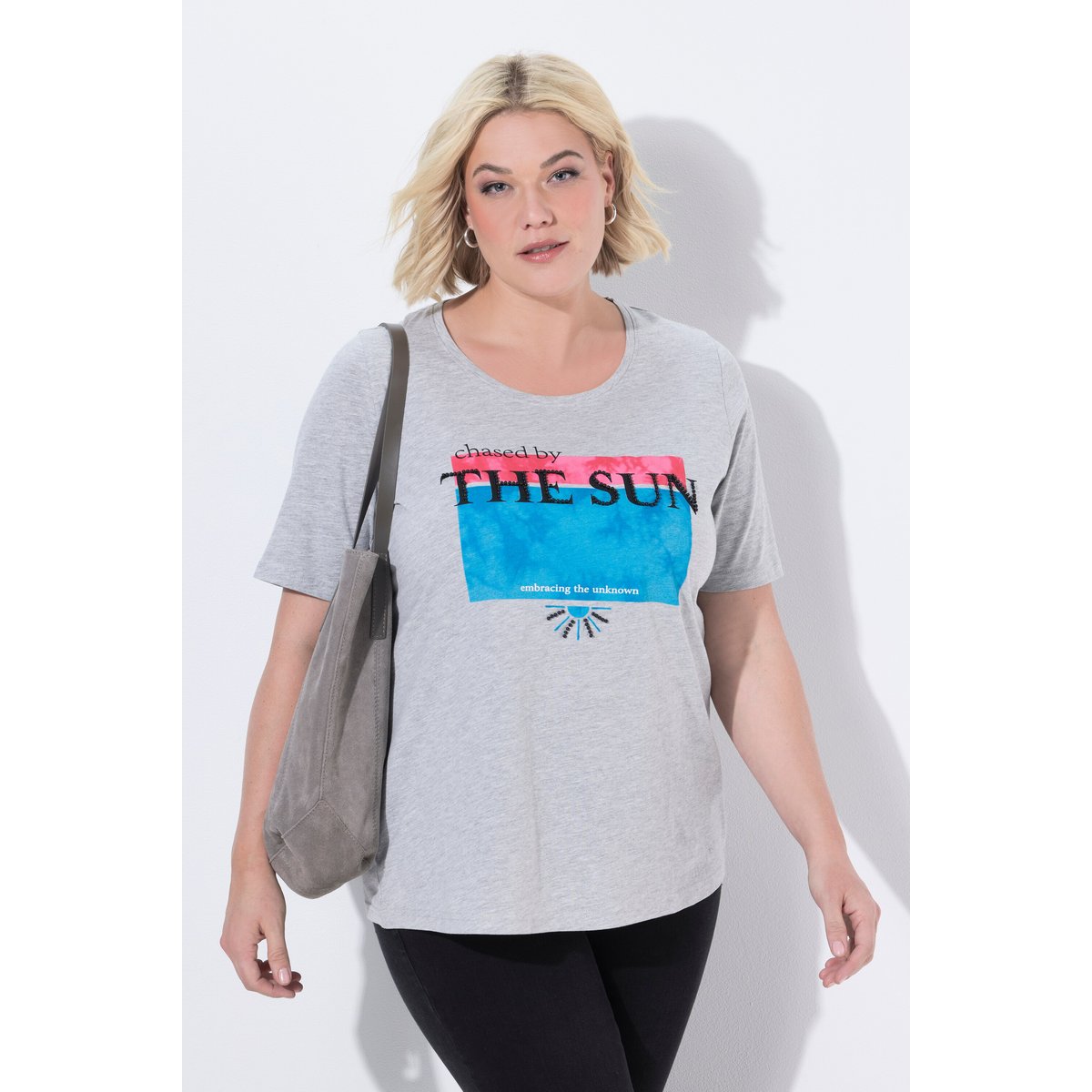 T-shirt col rond et manches courtes gris clair chiné, ULLA POPKEN