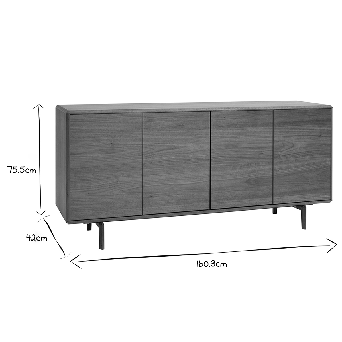 Buffet vintage en bois foncé noyer 4 portes L160 cm SUVA noyer, MILIBOO