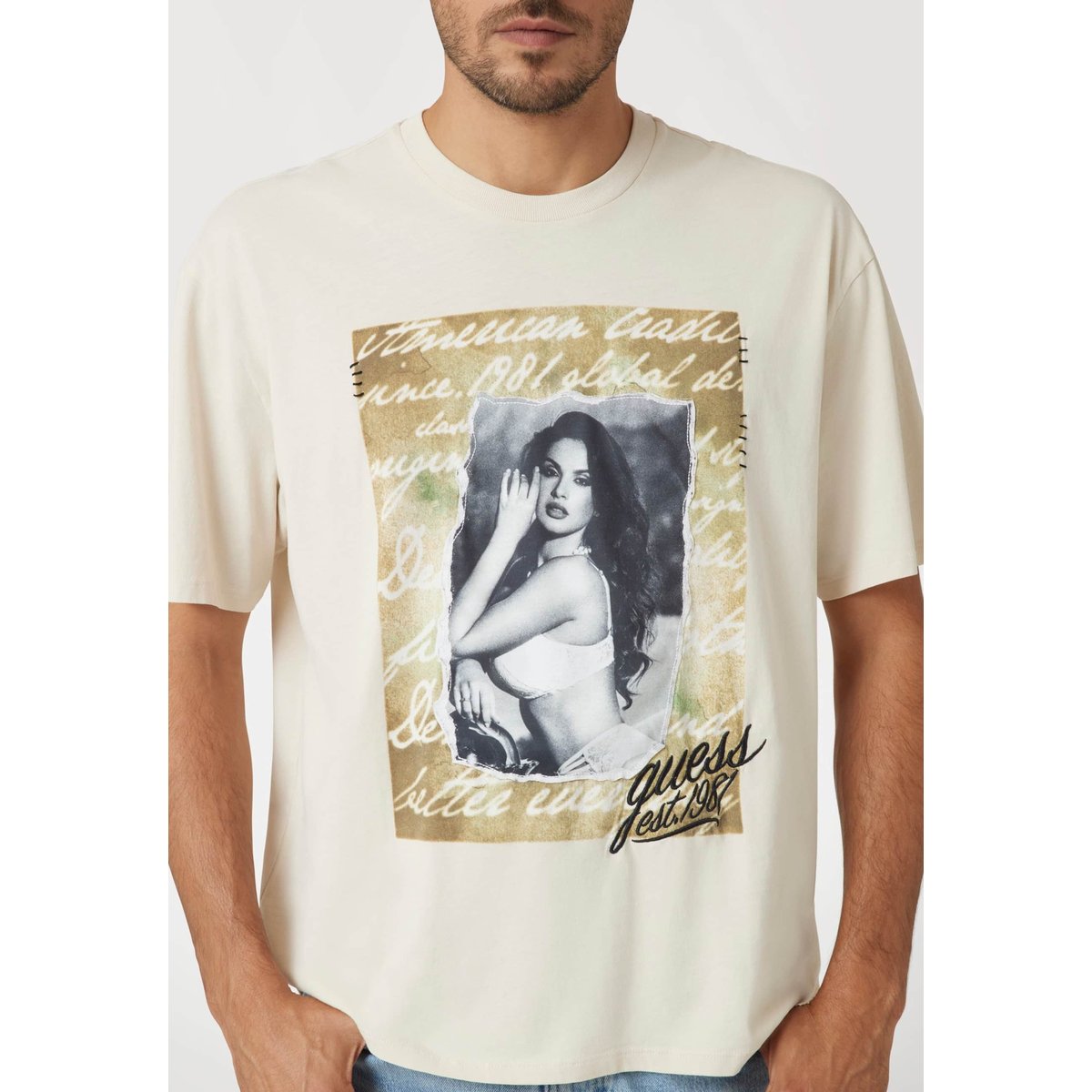 T-Shirt Imprimé Frontal crème, GUESS