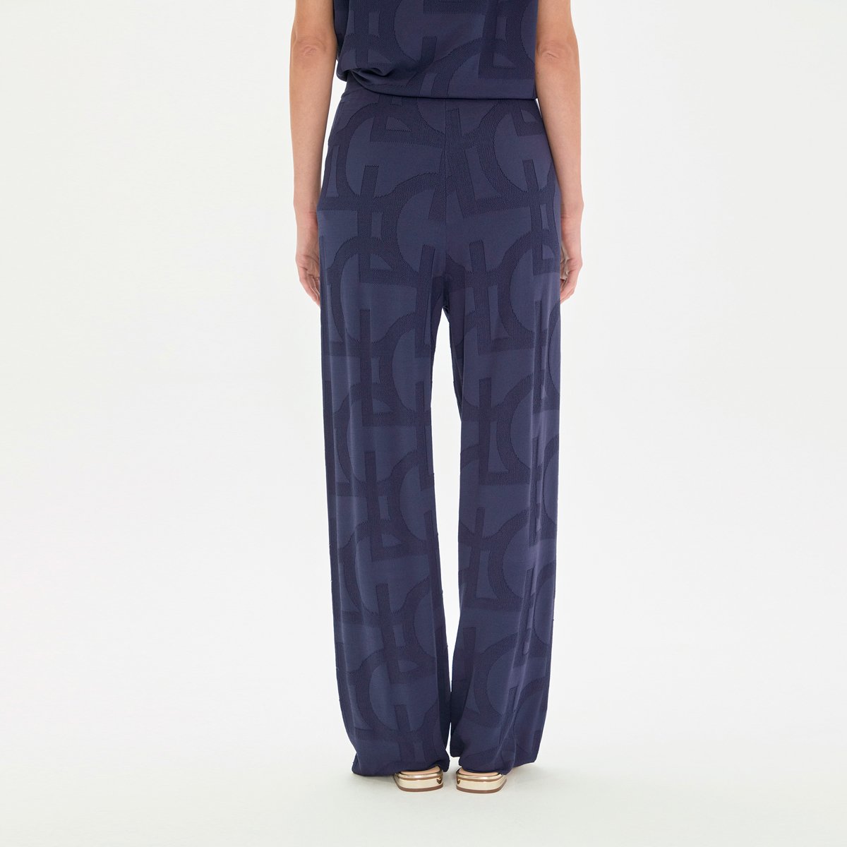 Pantalon large en maille jacquard bleu marine, LOLA CASADEMUNT