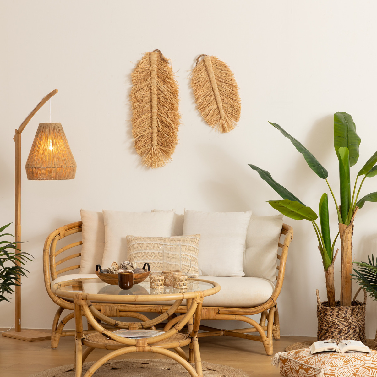 Set de 2 décorations murales plumes raphia OASIS beige, ATMOSPHERA
