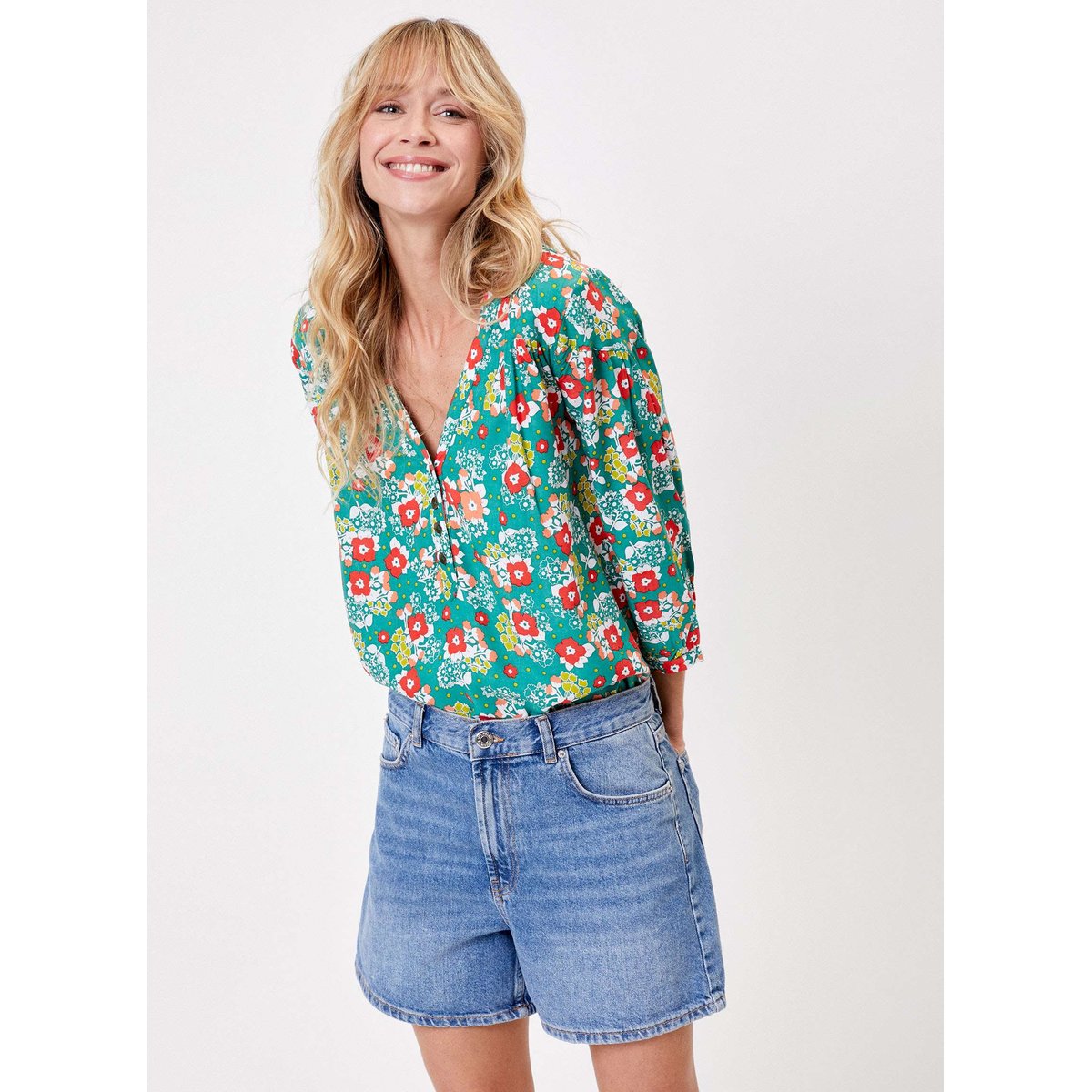 Blouse fluide col V boutonné CLARA vert muguet, PRINCESSE NOMADE