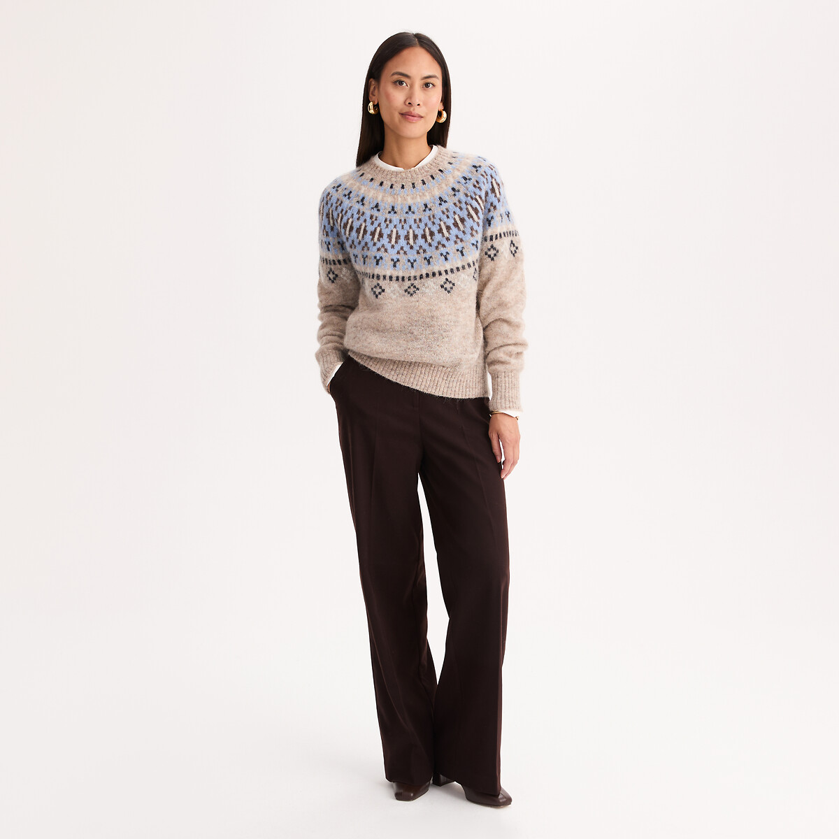 Pull jacquard à col rond, en alpaga mélangé jacquard fond écru, ANNE WEYBURN