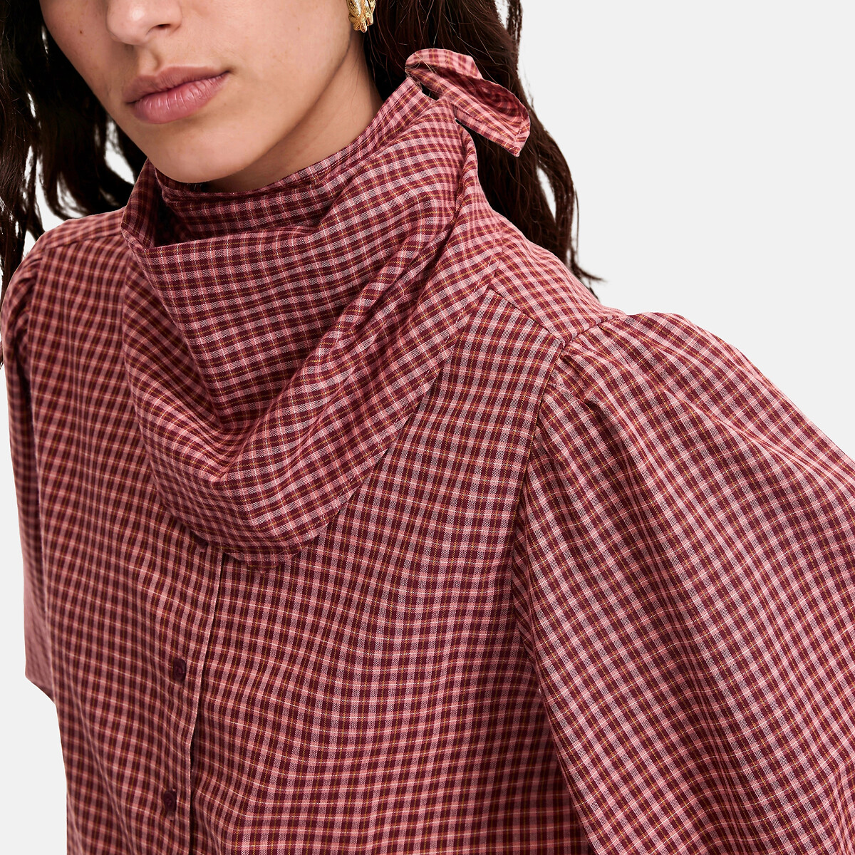 Camisa xadrez com gola tipo lenço e mangas compridas quadrados bordeaux, LA REDOUTE COLLECTIONS