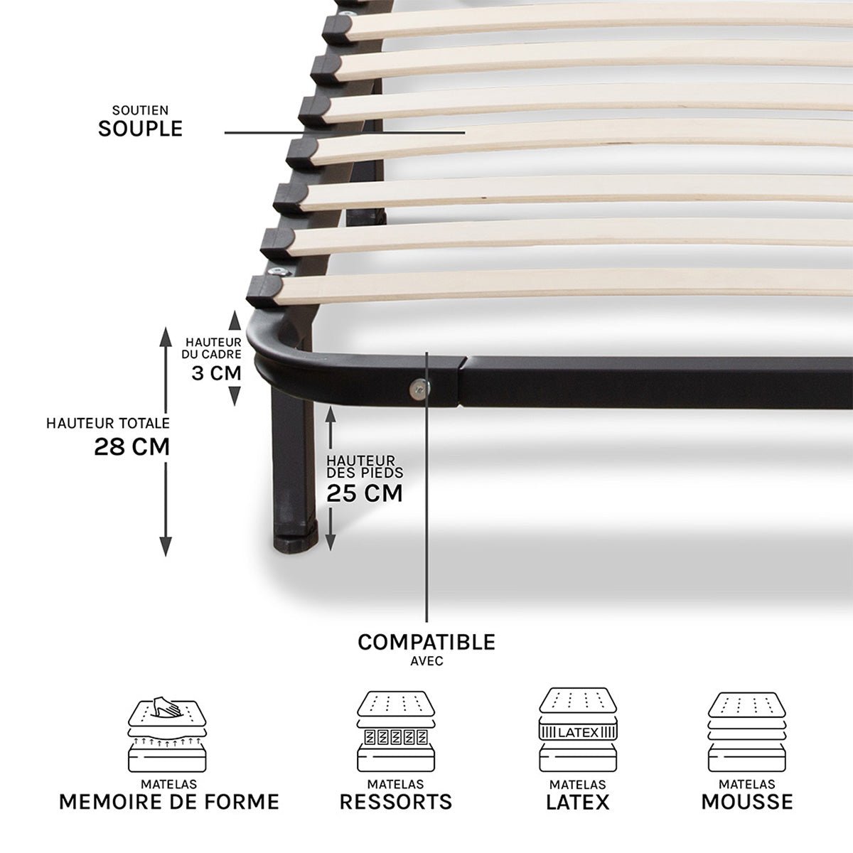Ensemble Matelas Mémoire de forme CRISTAL avec Cadres à lattes blanc, OLYMPE LITERIE