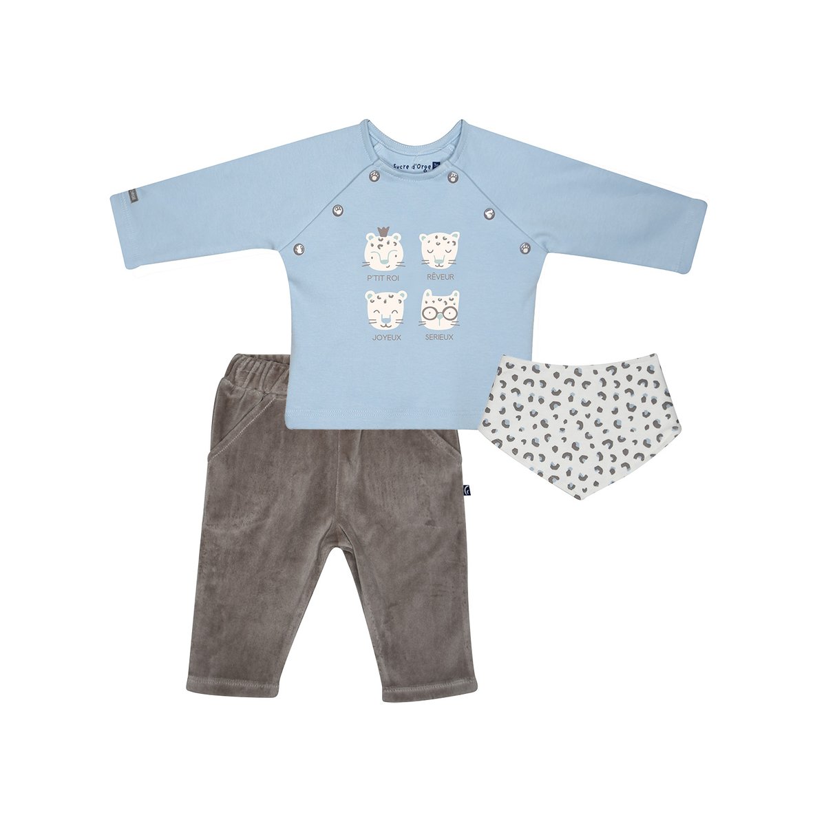 Tshirt pantalon bavoir miles maille manches longues bebe bleu, SUCRE D'ORGE