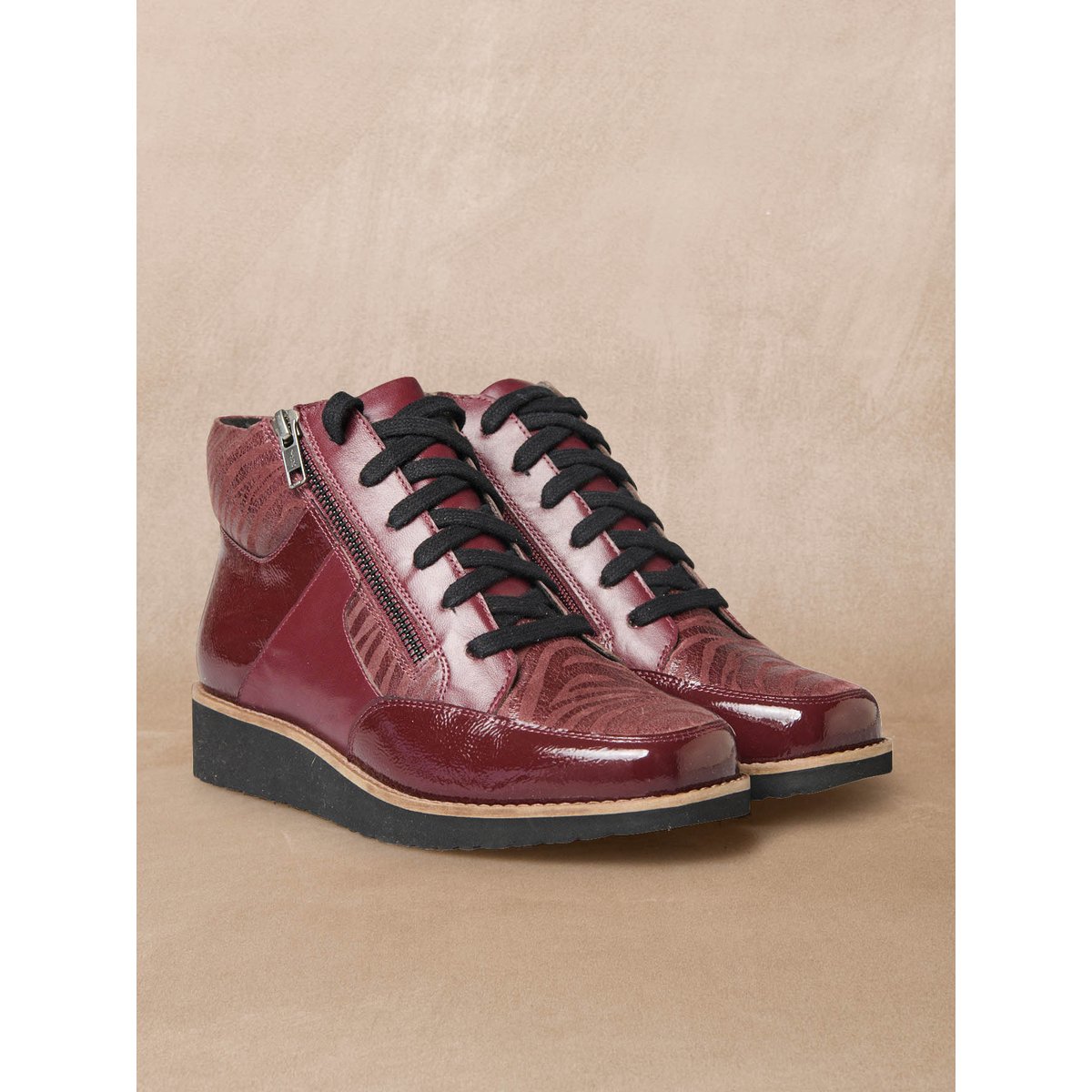 Boots à lacets double zip et lacets bordeaux, PEDICONFORT