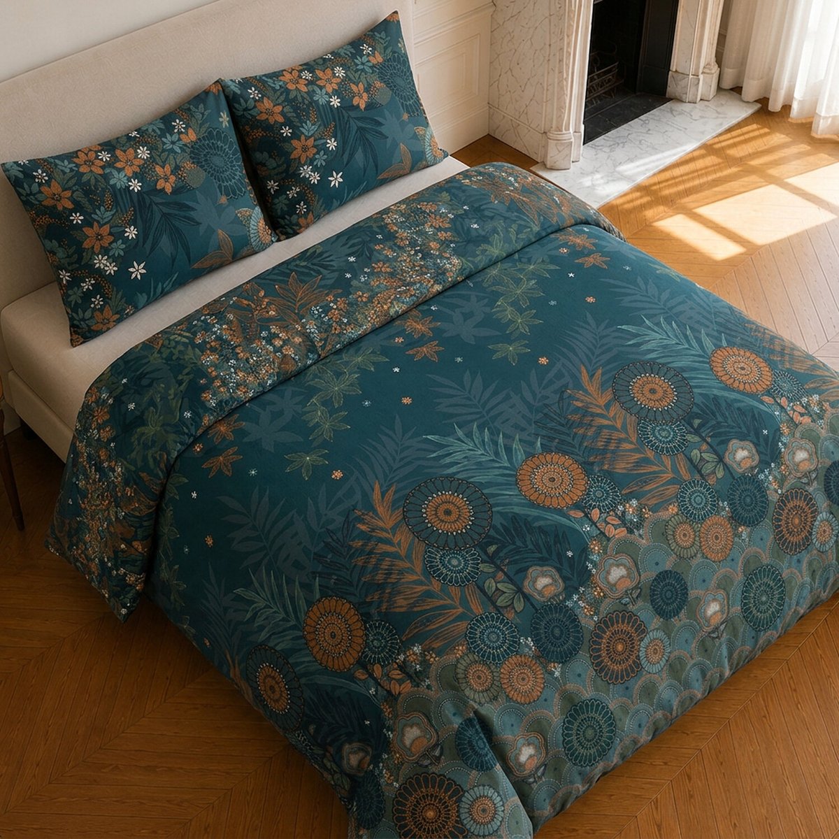 Parure de lit en microfibre motif floral, FLOWER NIGHT bleu nuit, C DESIGN HOME TEXTILE