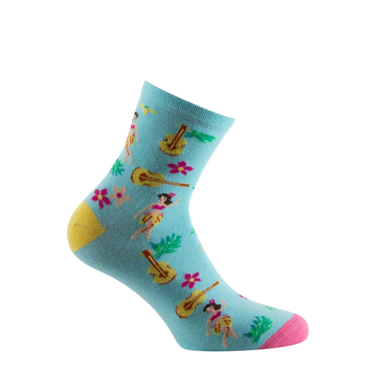 Socquettes jersey fantaisie all over vahinés en coton majoritaire turquoise, KINDY