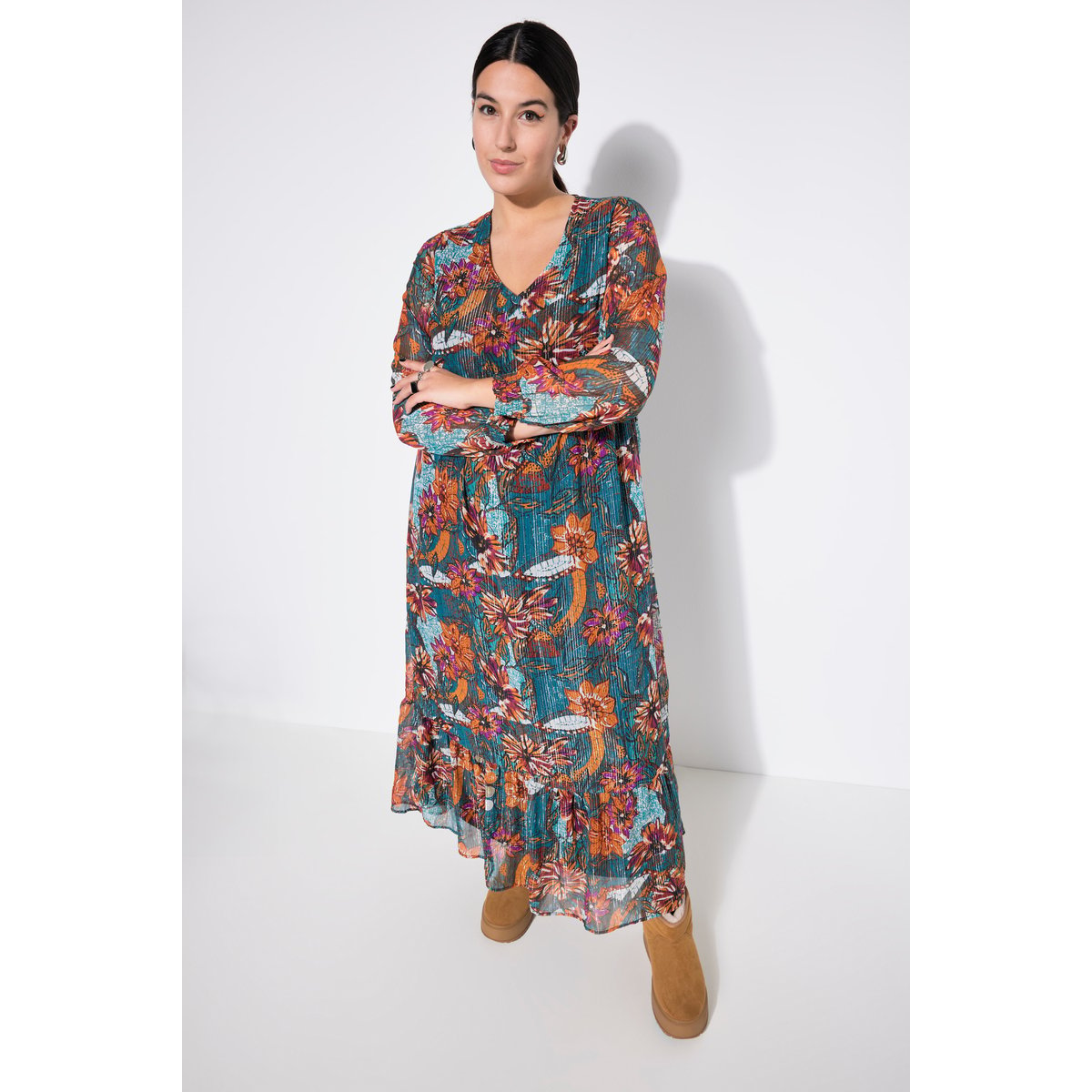Robe maxi, silhouette en A, imprimé floral pétrol, STUDIO UNTOLD