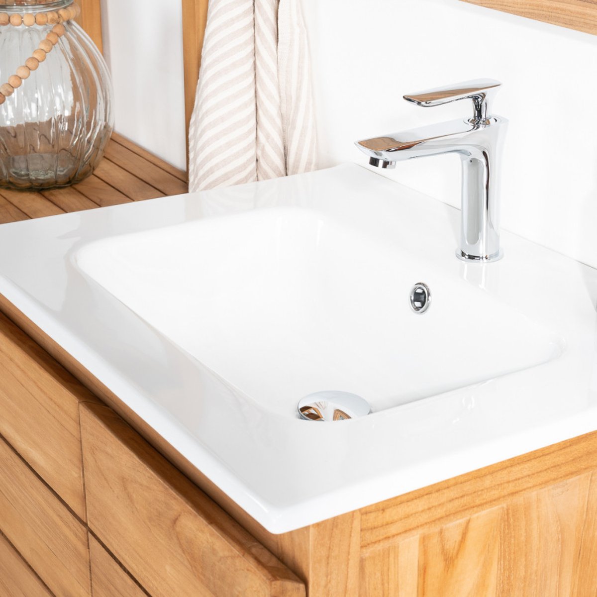 Meuble salle de bain en teck et céramique 60 cm ANANTA blanc, WANDA COLLECTION