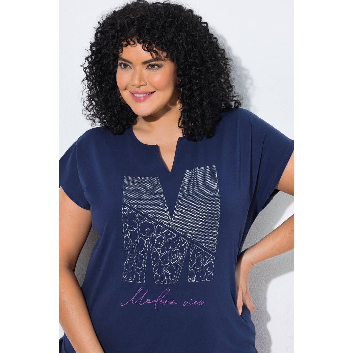T-shirt oversize, petits strass fantaisie marine, ULLA POPKEN
