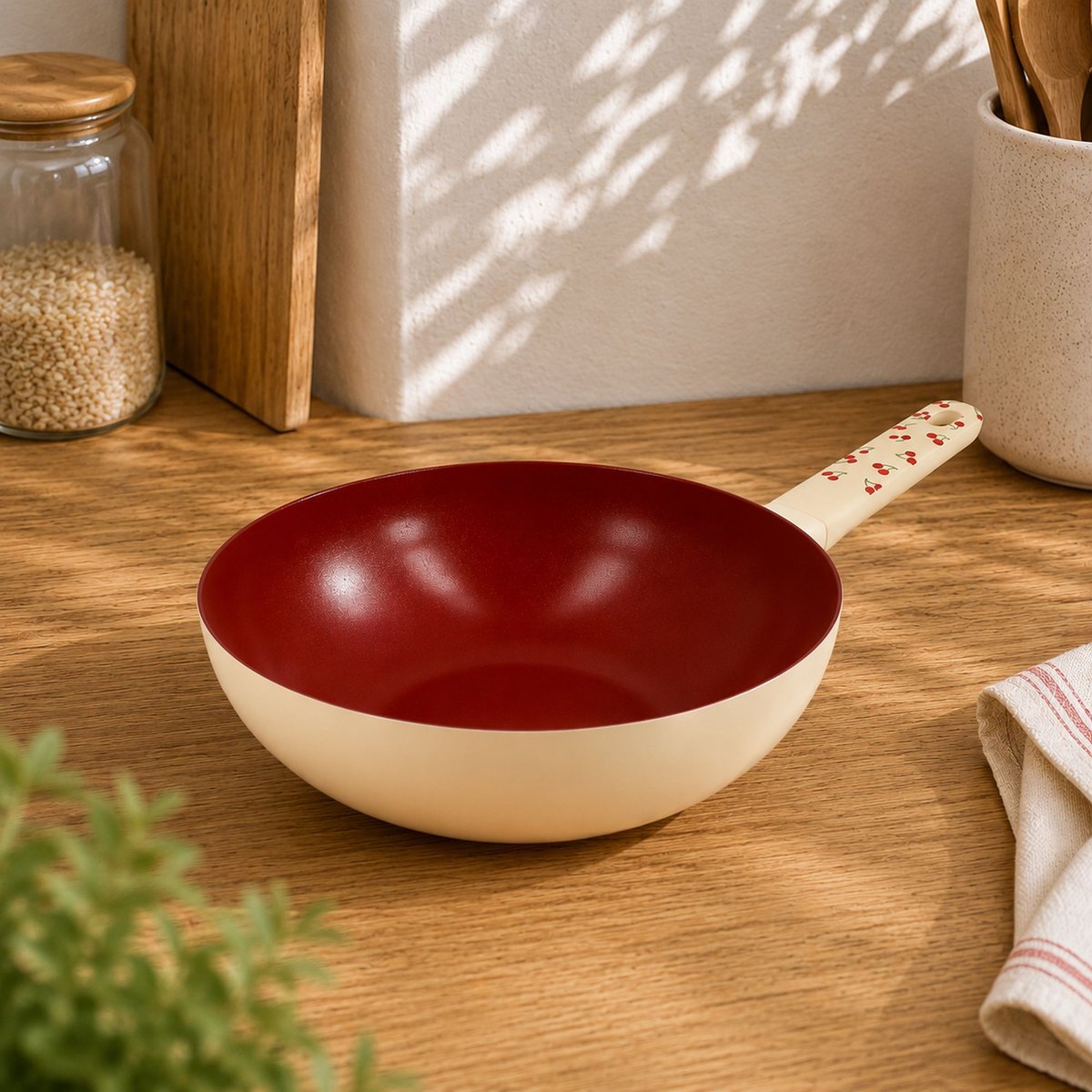 Wok 28cm en aluminium, CERISE beige-rouge, MENASTYL