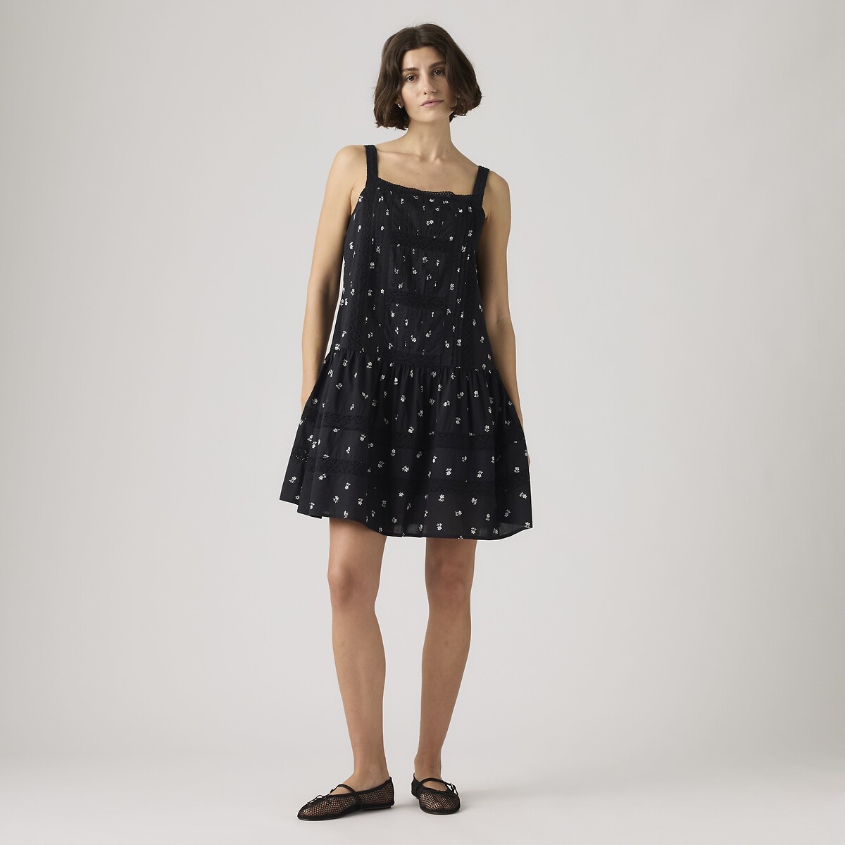 Vestido corto de tirantes, estampado floral estampado flores fondo negro, LEVI'S