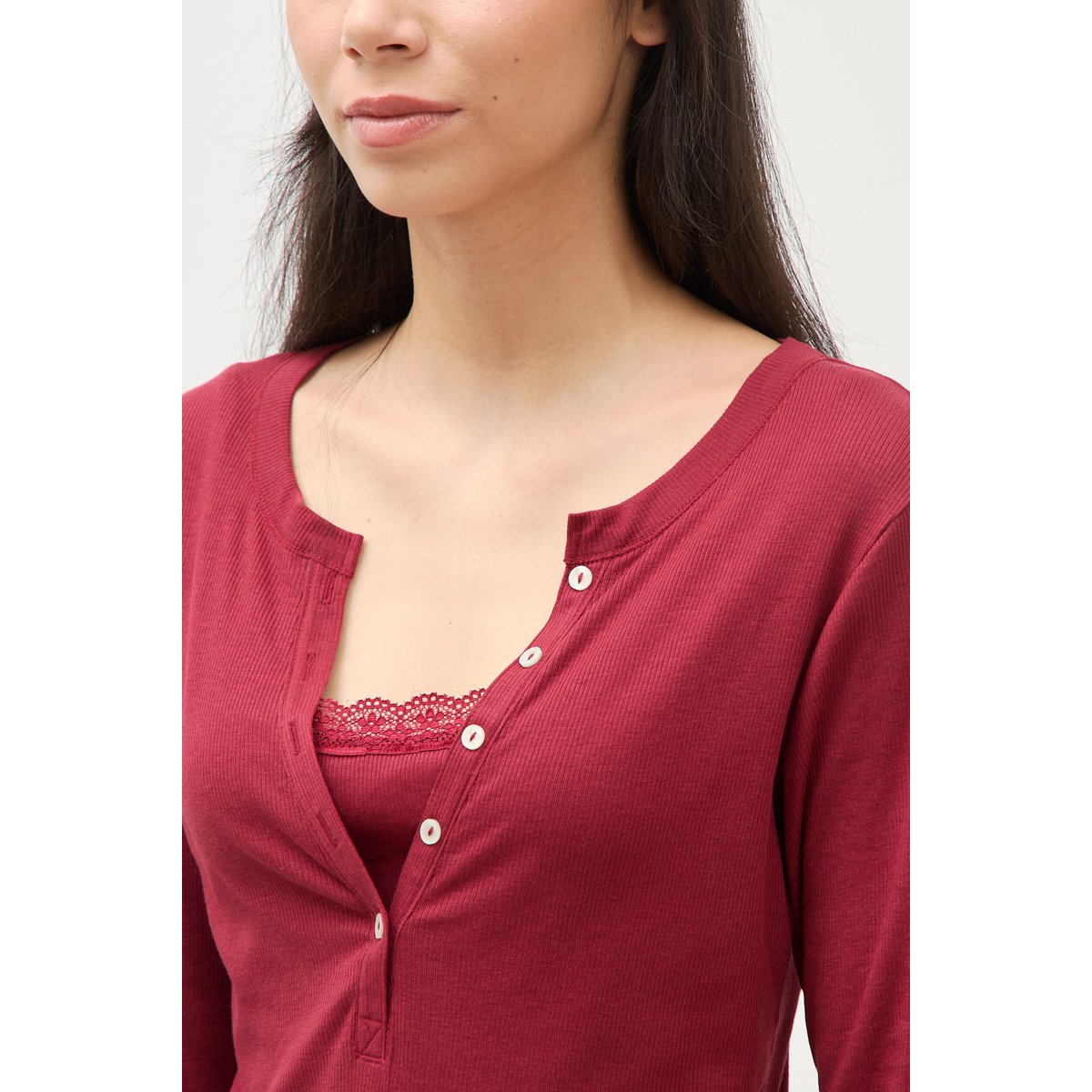 T-shirt cintré manches longues rouge foncé, BONOBO