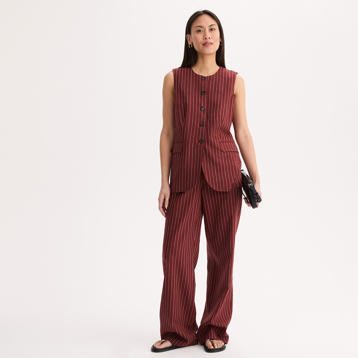 Giacca senza maniche a righe in lino e viscosa a righe beige, ANNE WEYBURN
