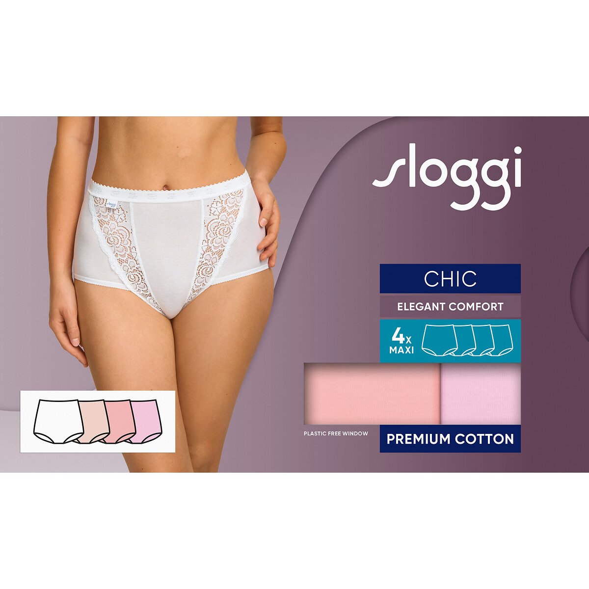 Lot de 3+1 gratuit - Culottes SLOGGI CHIC MAXI blanc + 3 roses, SLOGGI