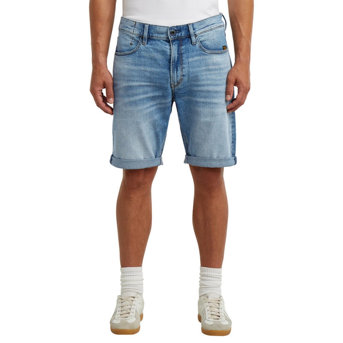 Short 5 poches en coton bleu délavé avec une braguette zippée bleu, G-Star RAW