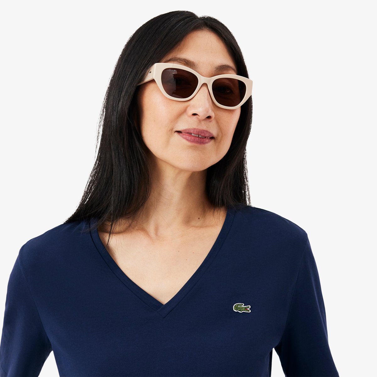 T-shirt relaxed fit coton doux col V bleu-166, LACOSTE