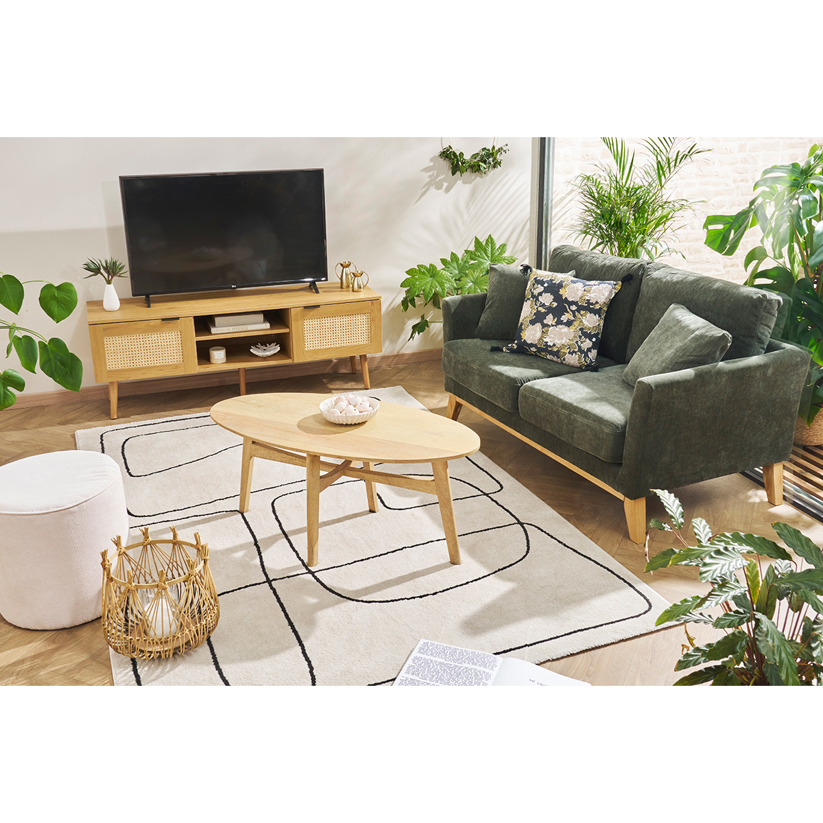 Canapé scandinave déhoussable 2 places en tissu chenille terre brûlée et bois clair OSLO kaki, MILIBOO