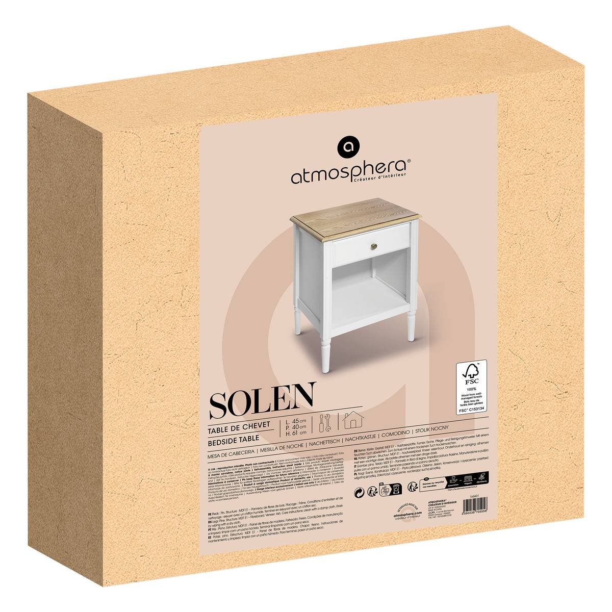 Table de chevet 1 tiroir SOLEN blanc, ATMOSPHERA