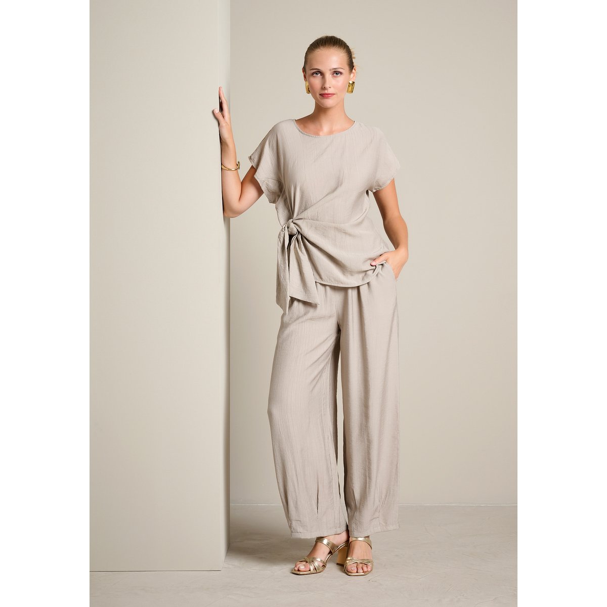Pantalon barrel structuré taupe, LOLALIZA