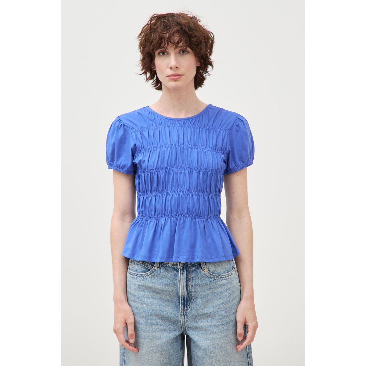 T-shirt froncé col rond manches courtes bleu electrique, BONOBO