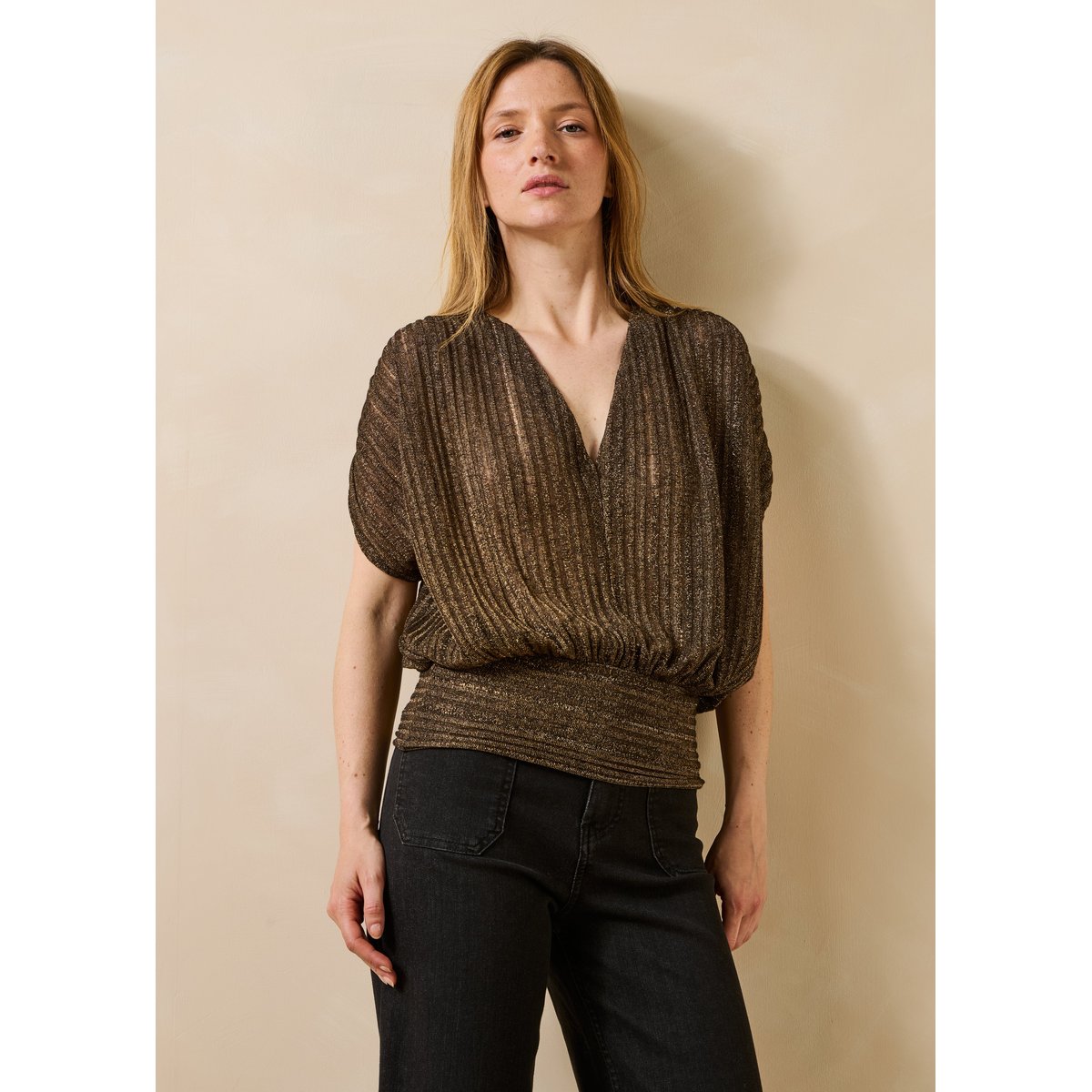 T-shirt irisé manches courtes col V noir, LA FEE MARABOUTEE