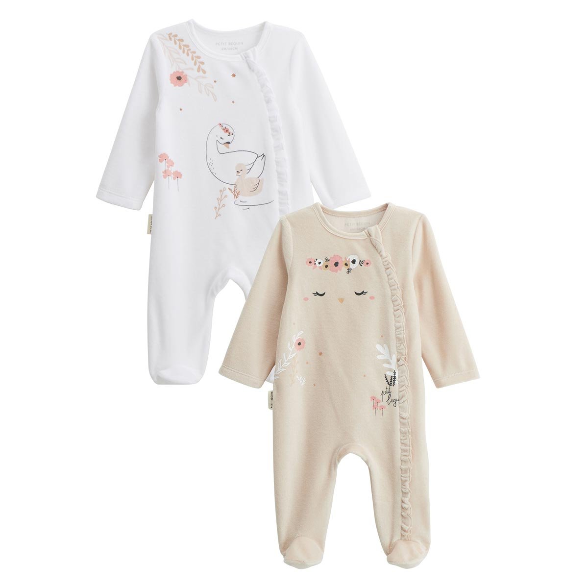 Lot de 2 pyjamas bébé en velours ouverture zippée Perle ecru, PETIT BEGUIN