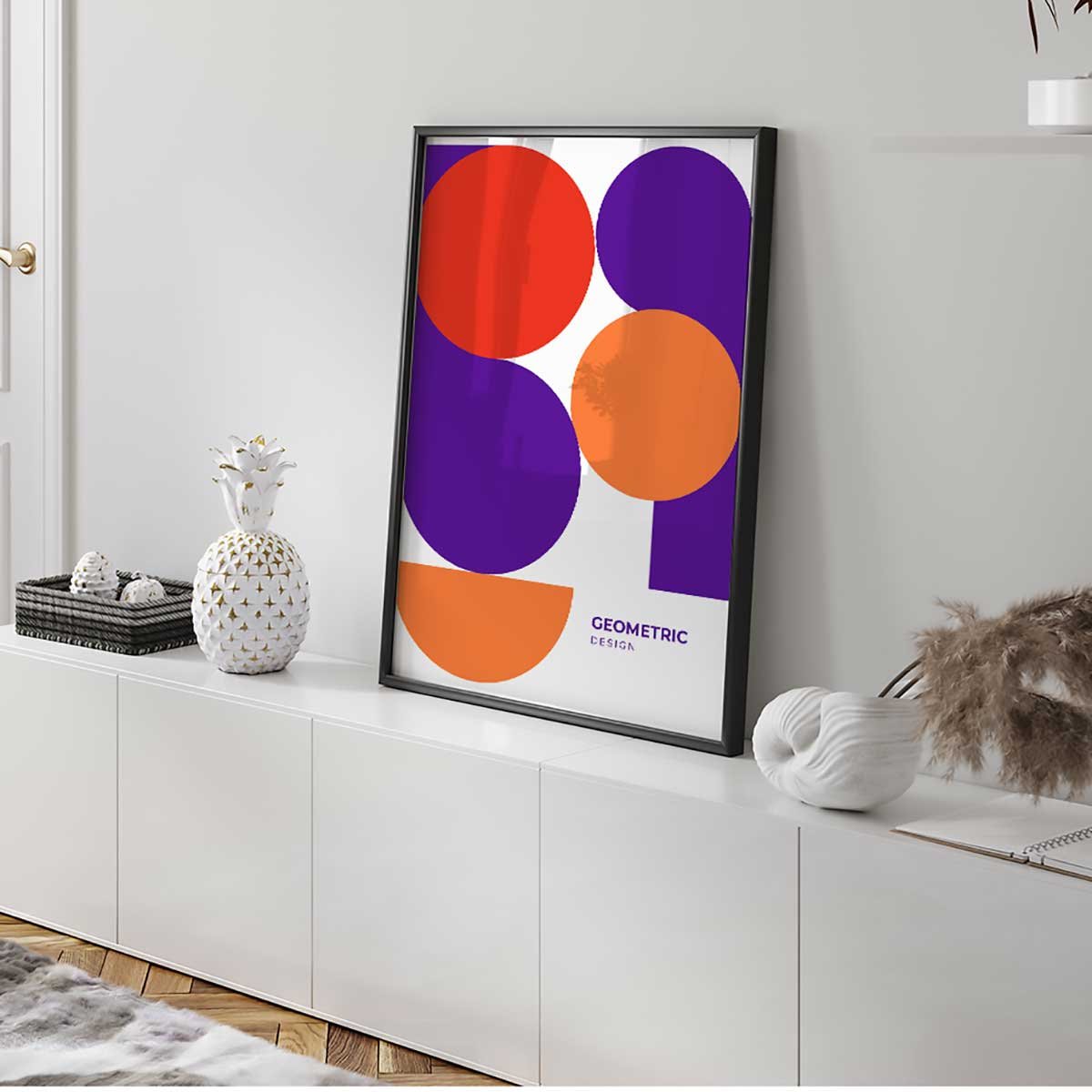 Affiche encadrée géométrique cercles violet orange affiche + cadre en métal - noir, HEXOA