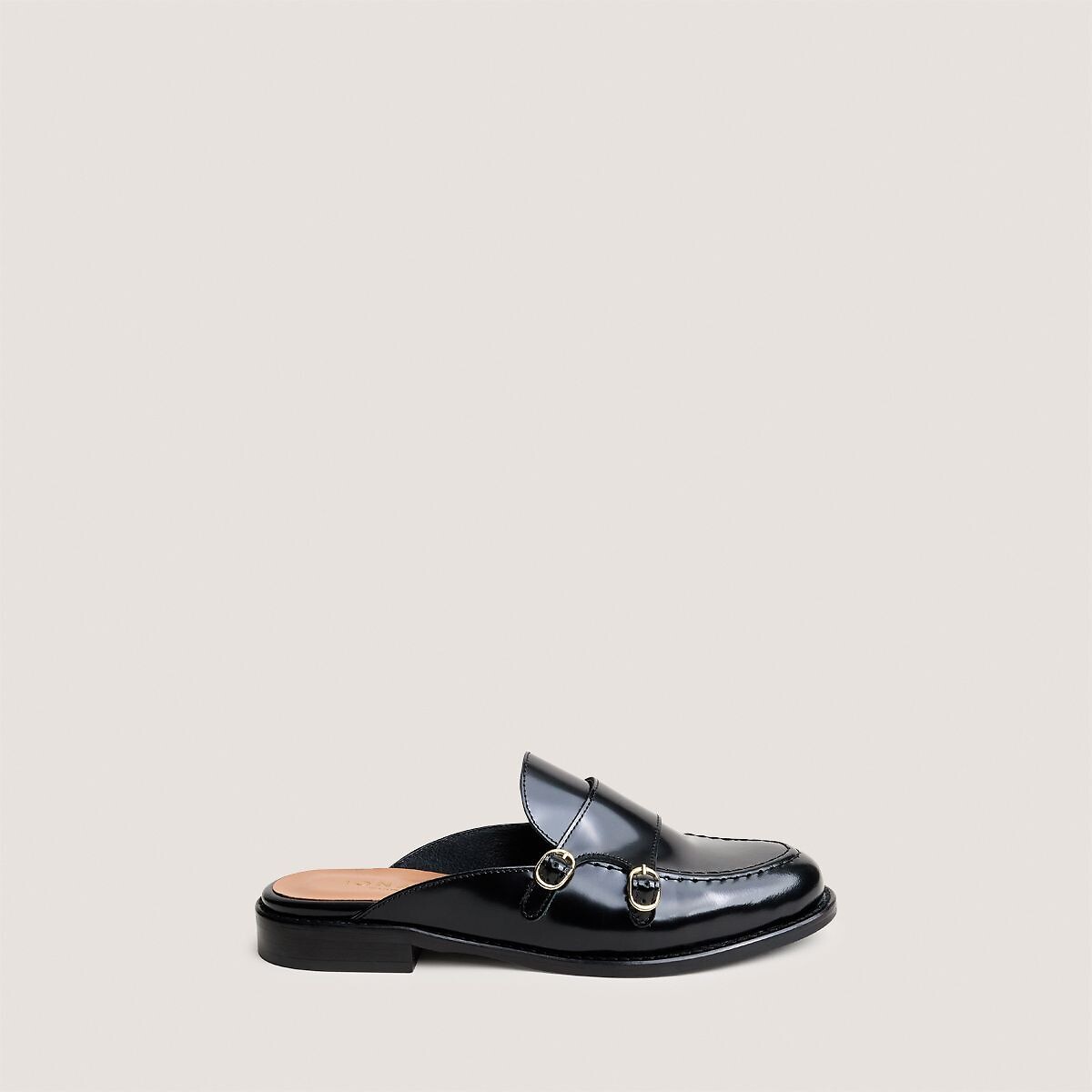 Chinelos tipo mocassins em pele, DISTANTE preto , JONAK