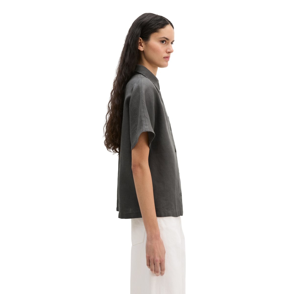 Blouse en lin à manches courtes regular avec de larges plis dans le dos dunkelgrau, MARC O'POLO