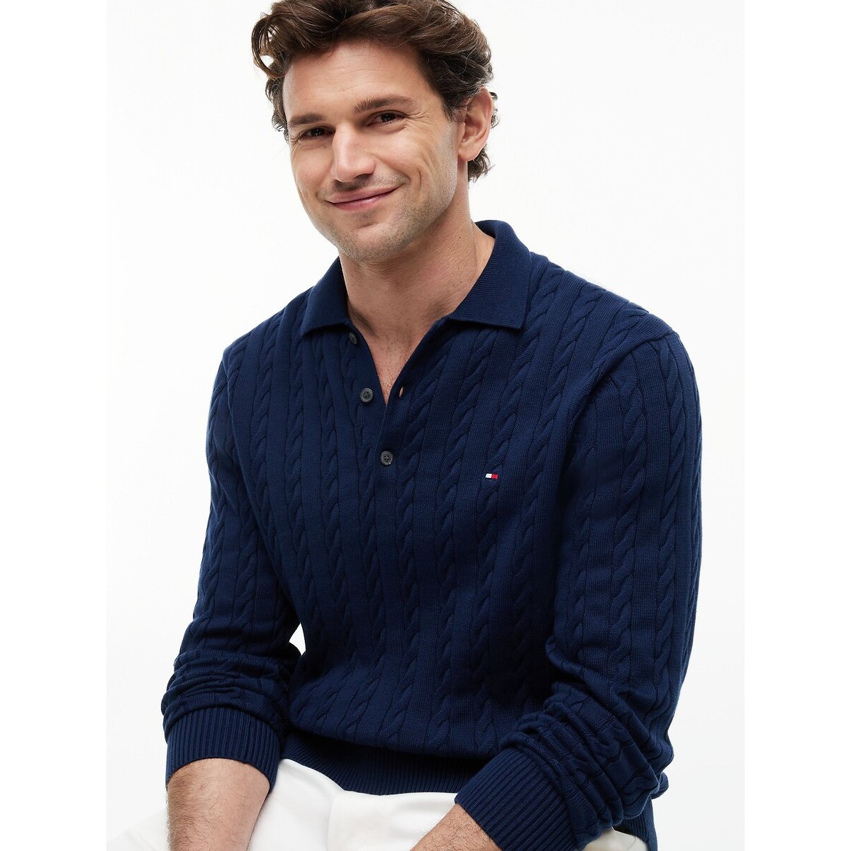 Camisola estruturada com gola polo e botões marinho, TOMMY HILFIGER