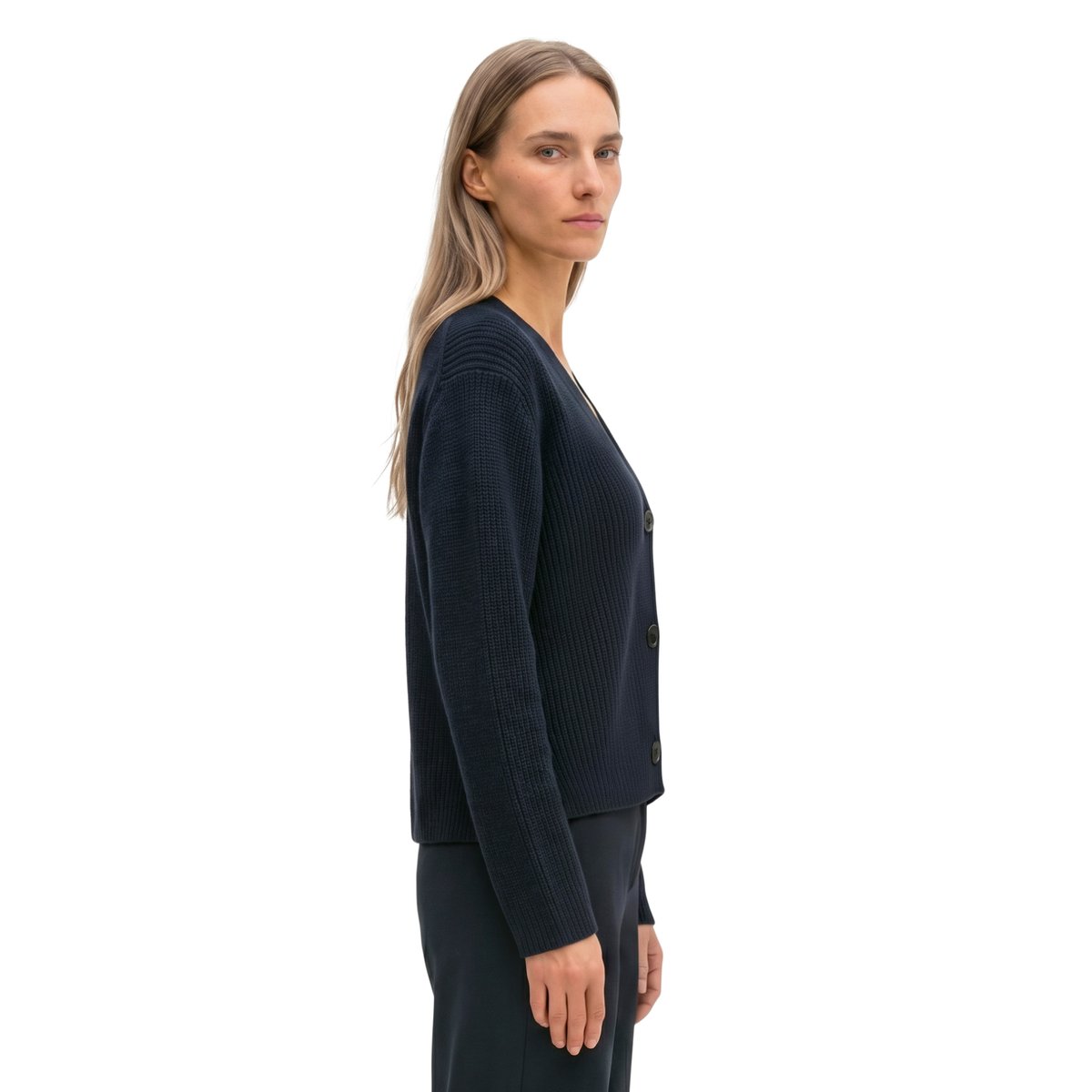 Cardigan col V relaxed en coton biologique lourd bleu, MARC O'POLO