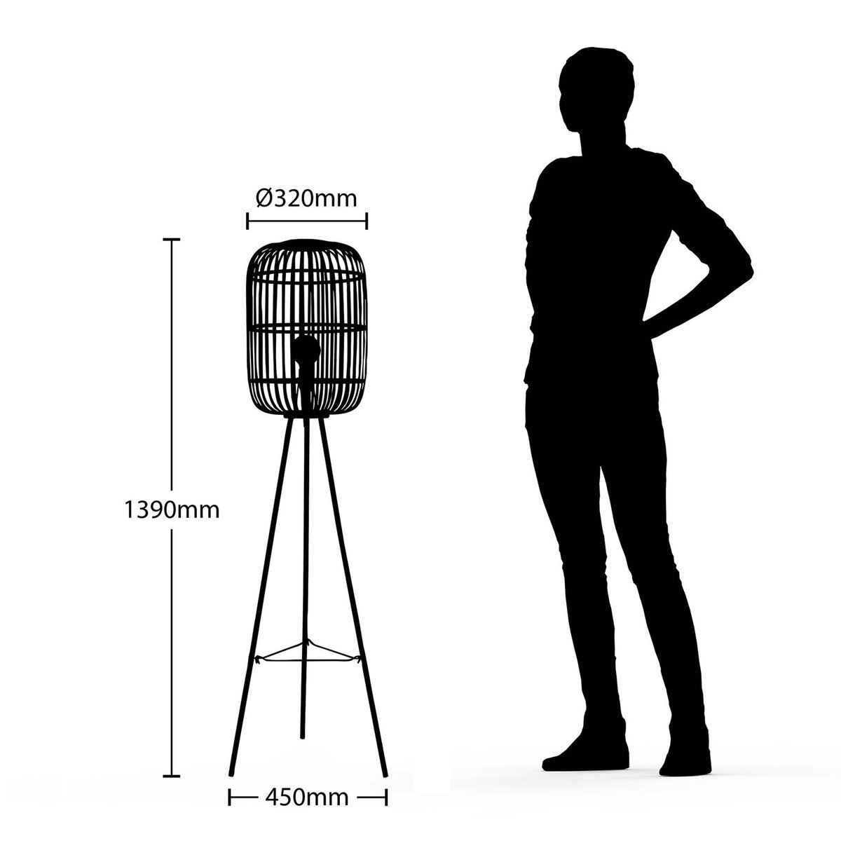 Lampadaire en bois traditionnel, Canyana naturel, noir, LINDBY