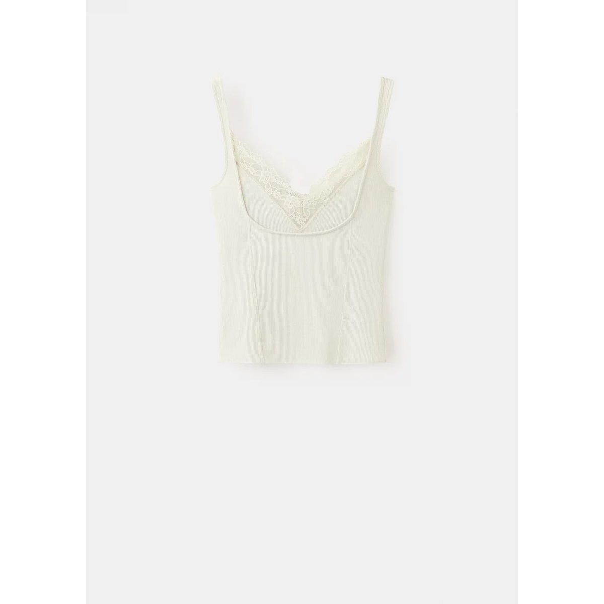 Top côtelé à dentelle beige, MANGO