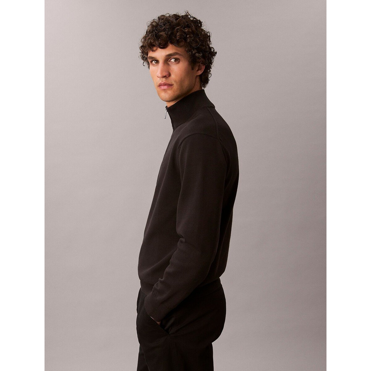 Pull collo alto con mezza zip nero , CALVIN KLEIN