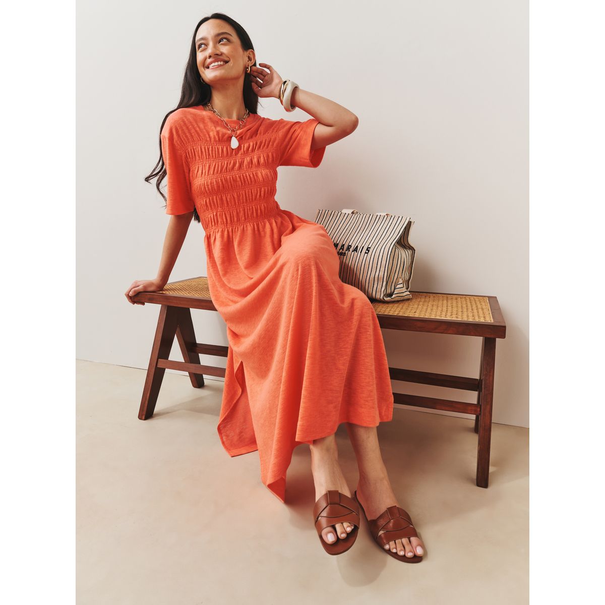 Robe t-shirt mi-longue à manches courtes orange corail, NEXT