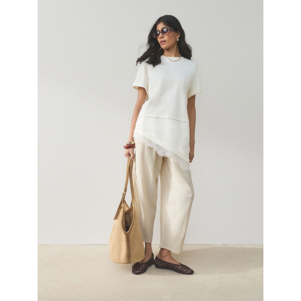Pantalon bouffant en lin mélangé, lot de 2 brun chocolat/neutre, NEXT