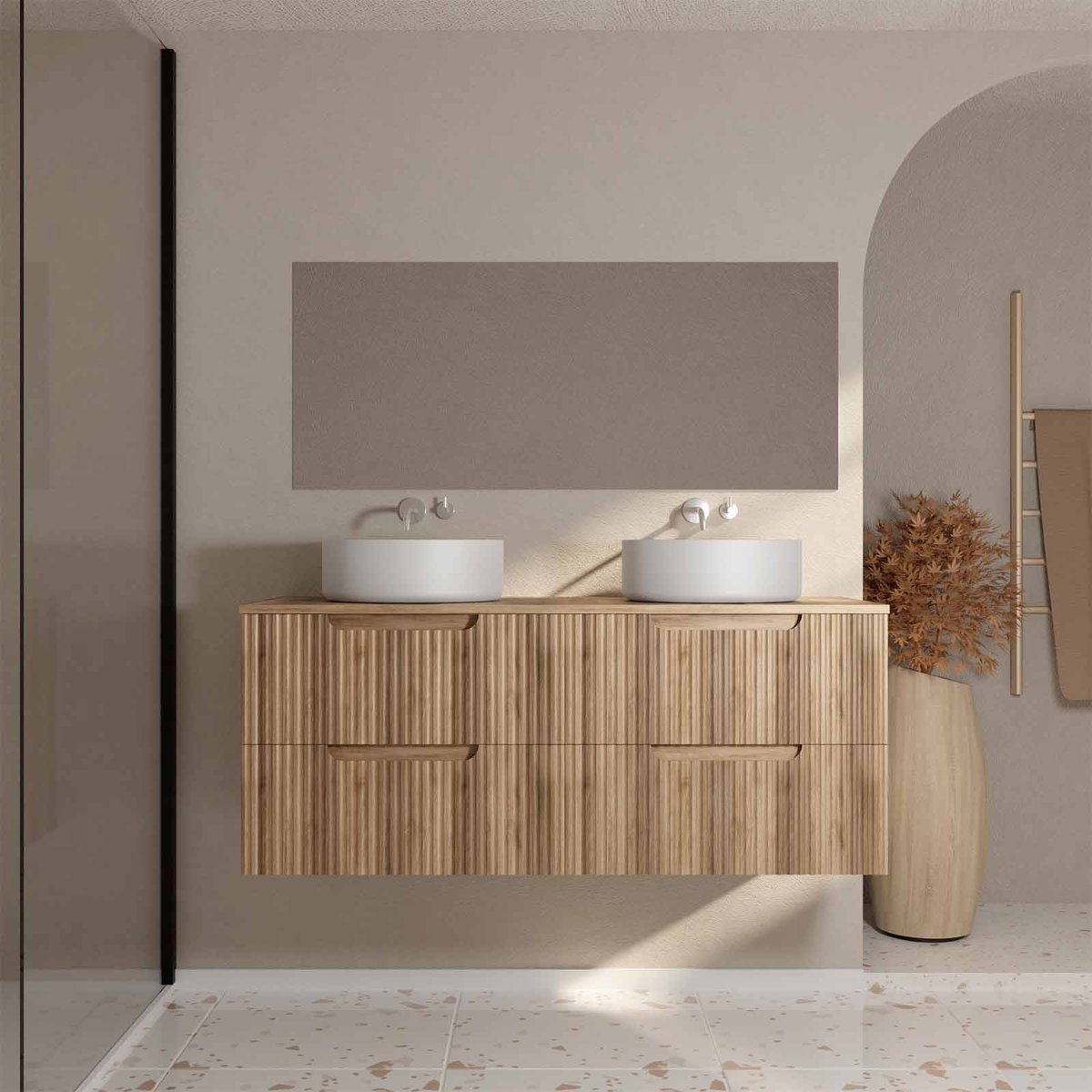 Meuble de salle de bain double vasque ronde avec façade ondulée et rangements intégrés naturel, HOME MAISON