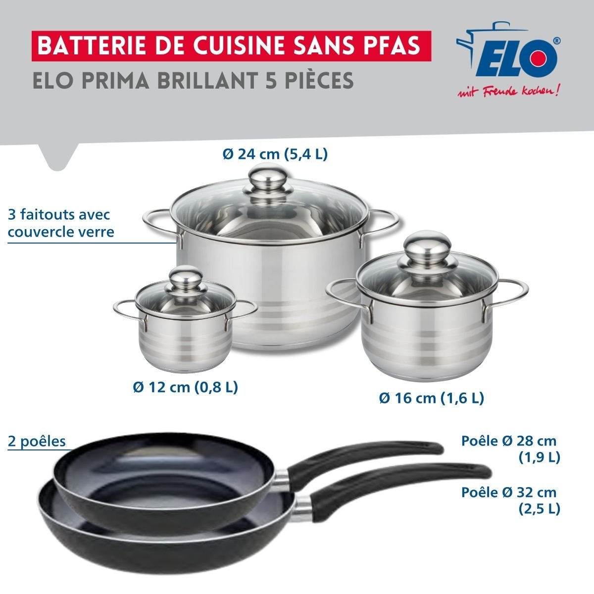 Batterie 2 poêles 28/32cm + 3 faitouts 12/16/24cm PRIMA BRILLANT noir, ELO