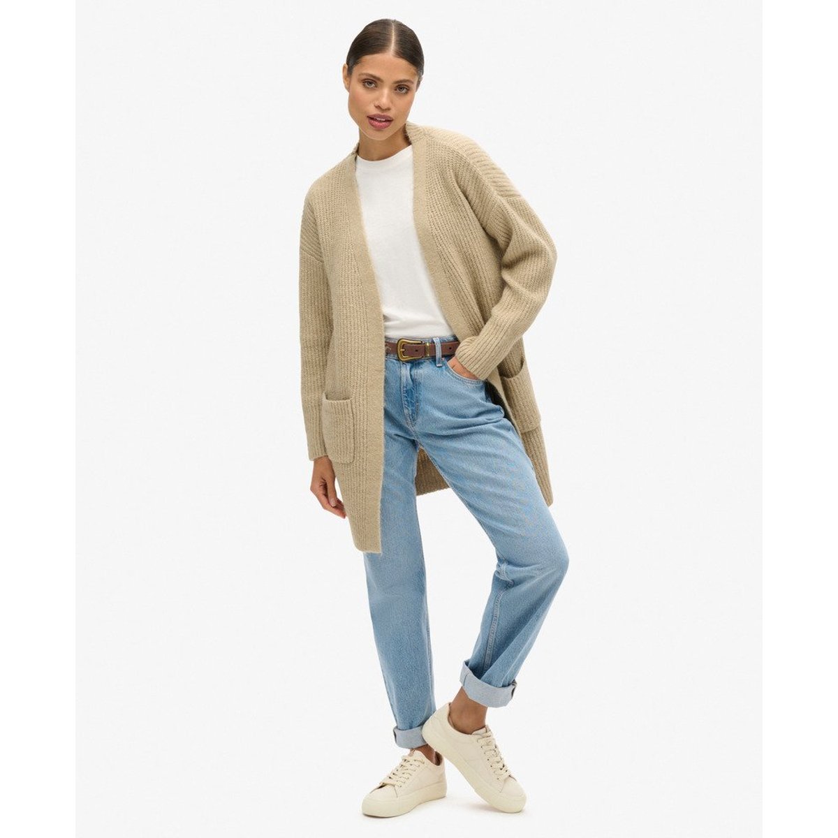 Cardigan long en maille Essential marron caramel, SUPERDRY