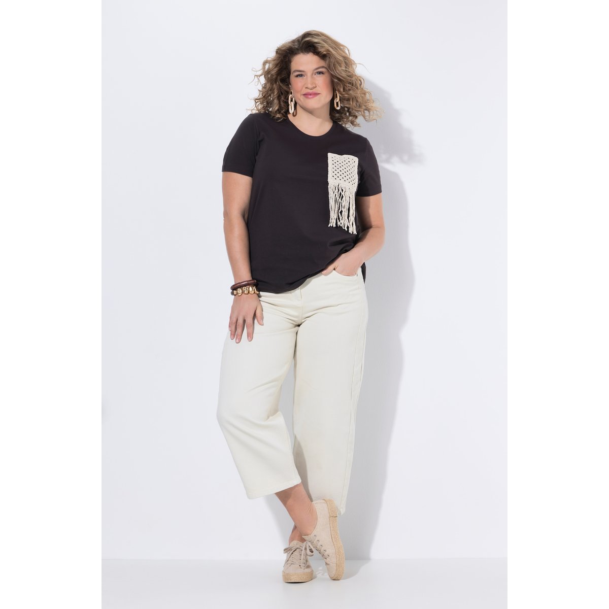 Jean Barrel en coton bio, jambe très large blanc cassé, ULLA POPKEN