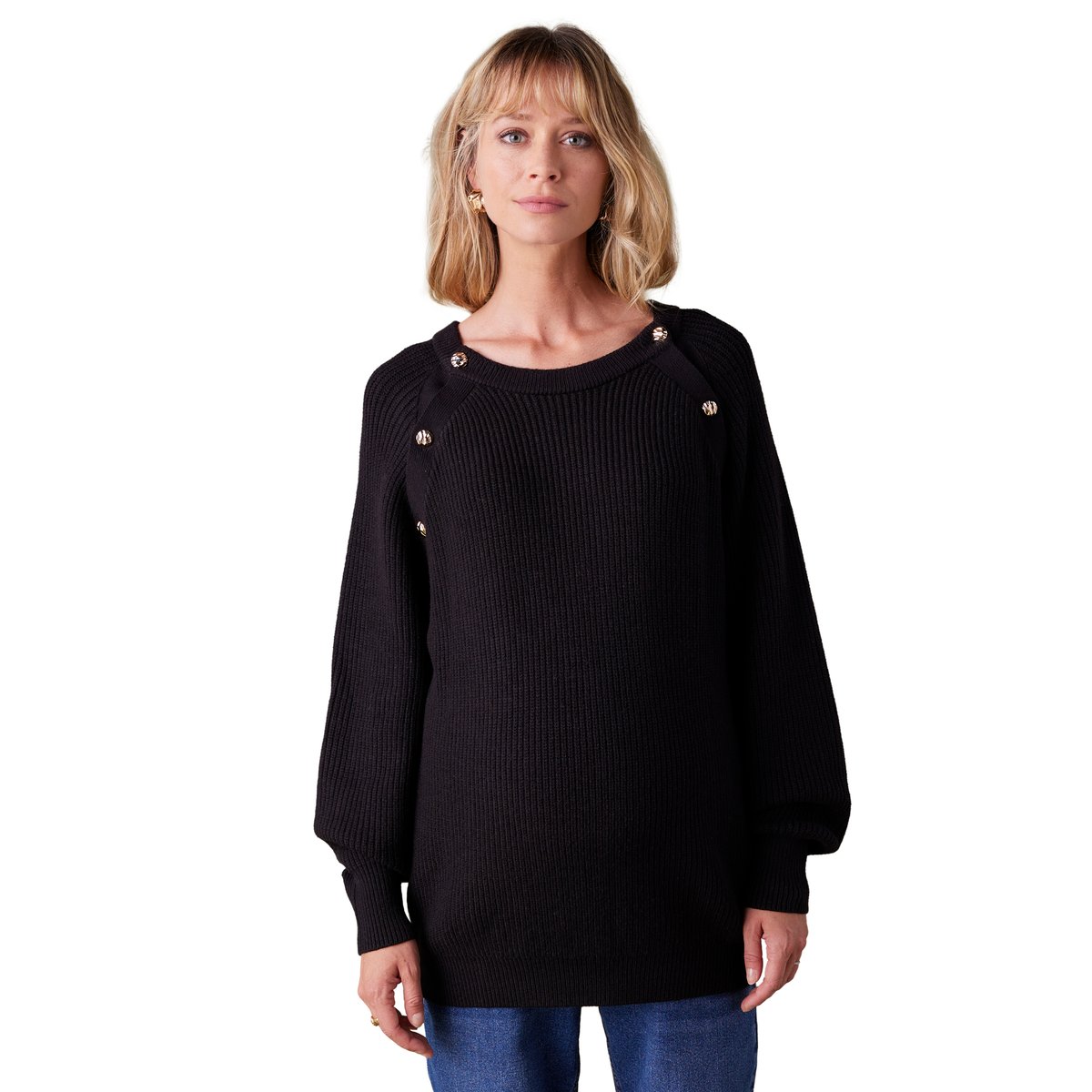 Pull grossesse boutonné en côtes perlées noir, ENVIE DE FRAISE
