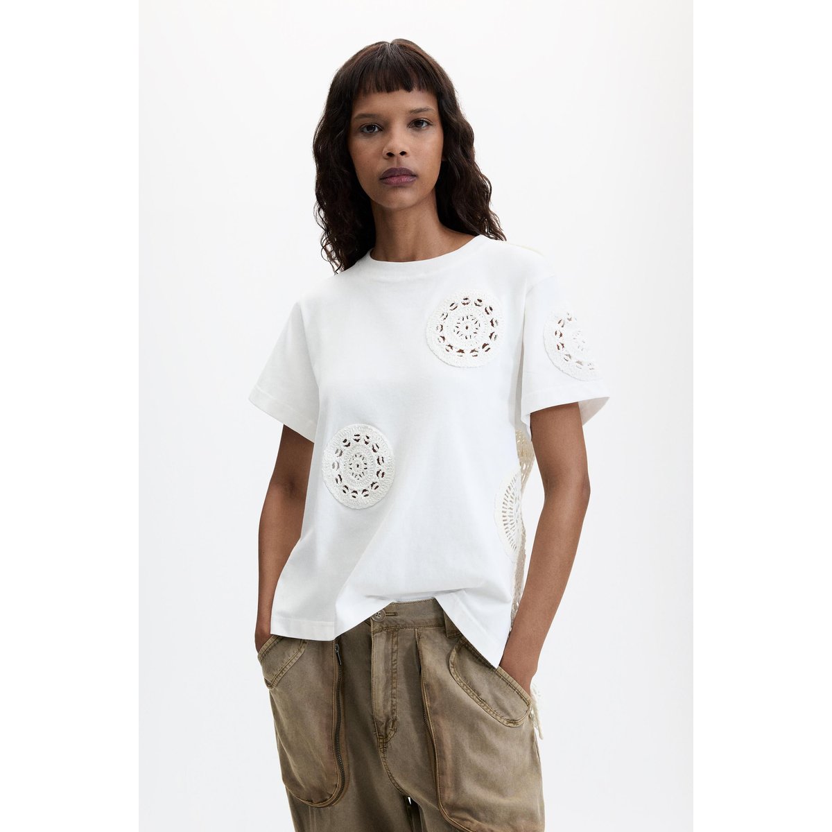 T-shirt 100 % coton brodé beige, DESIGUAL