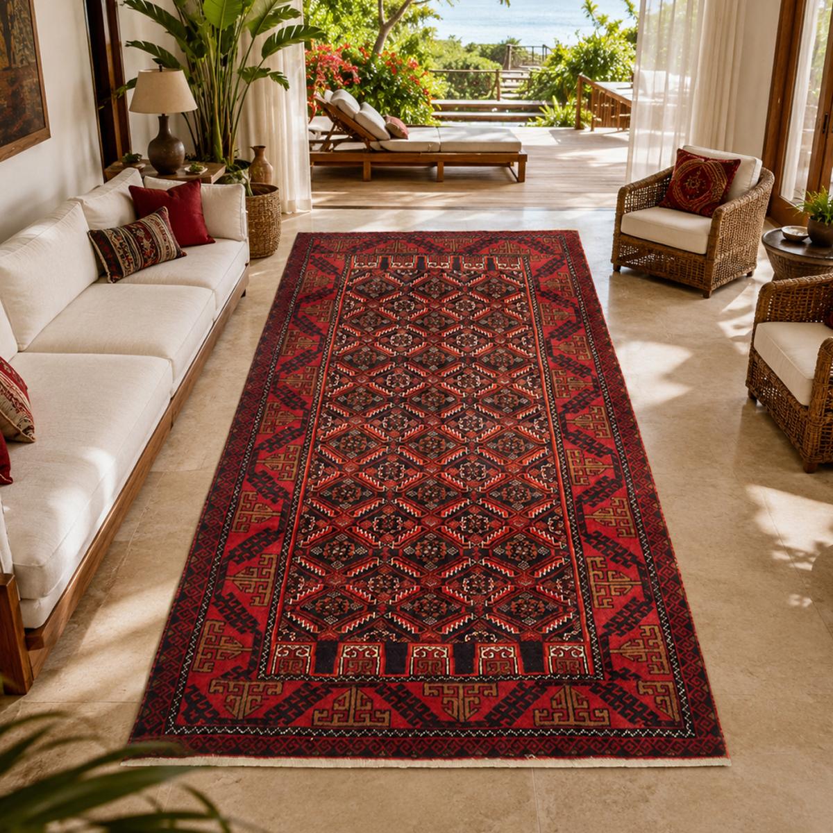 Tapis d'orient, motif oriental authentique, noué main, BALUTSCH 9 rouge, beige, noir, UN AMOUR DE TAPIS